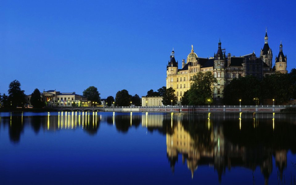 Schwerin Castle Germany Night Reflection