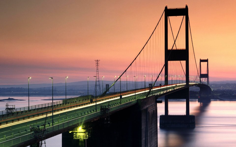 Severn Bridge Near Bristol England Sunset Long Exposure Scenery