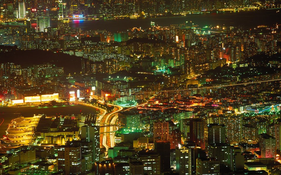 中国香港维多利亚港高空俯瞰全景夜景