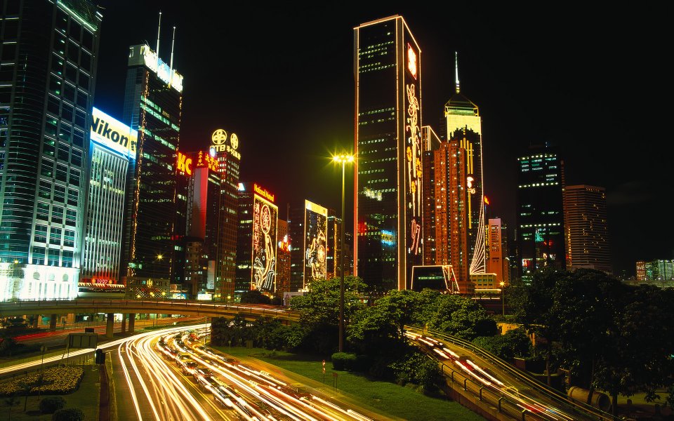 中国香港中环经典都市夜景 长曝光车流光影