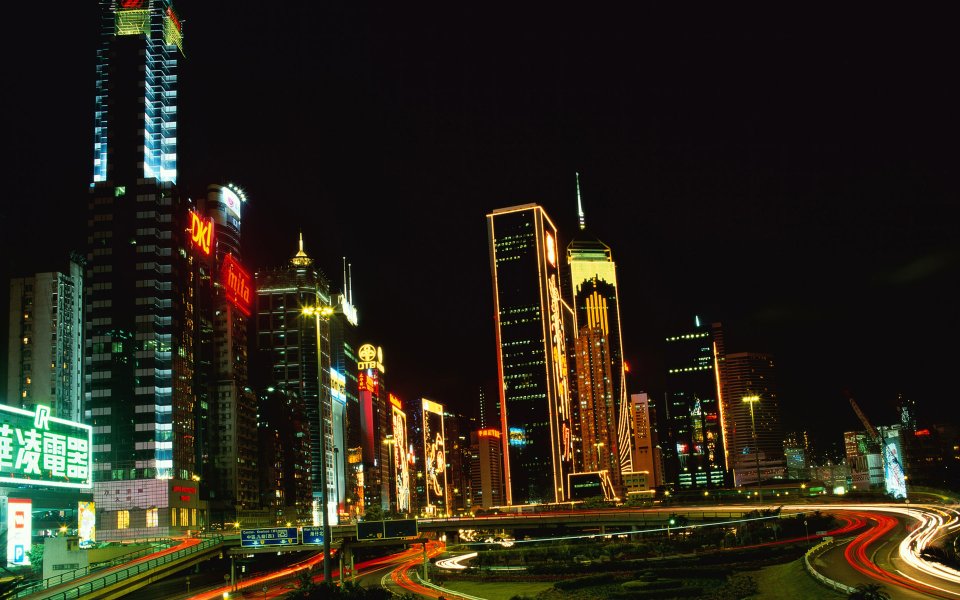 中国香港中环摩天建筑群璀璨夜景