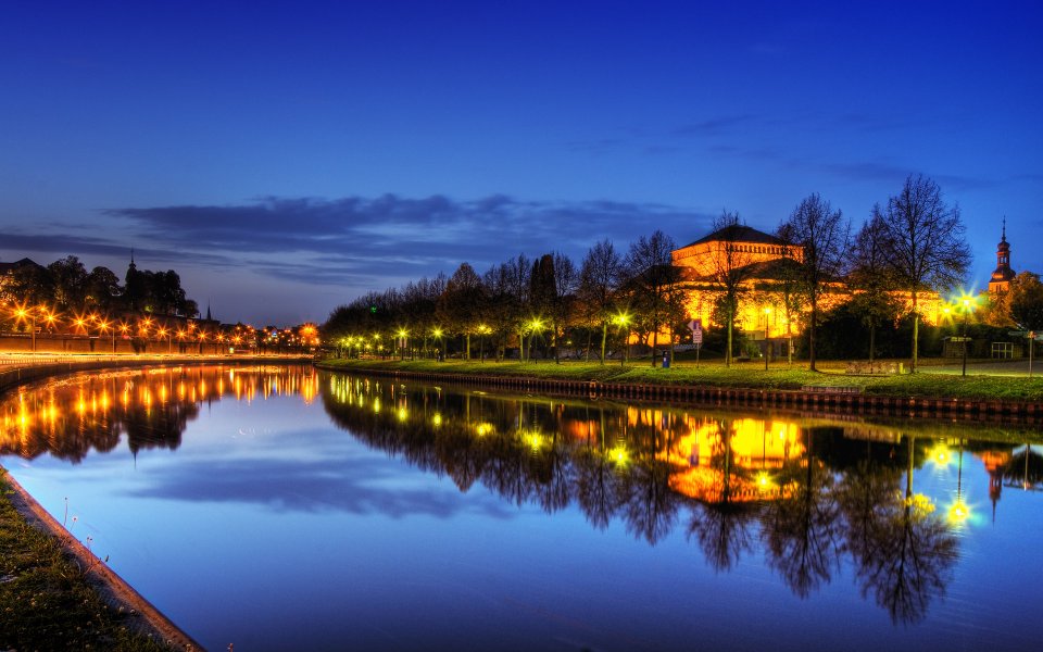 German Saar River Blue Hour Waterfront Night View
