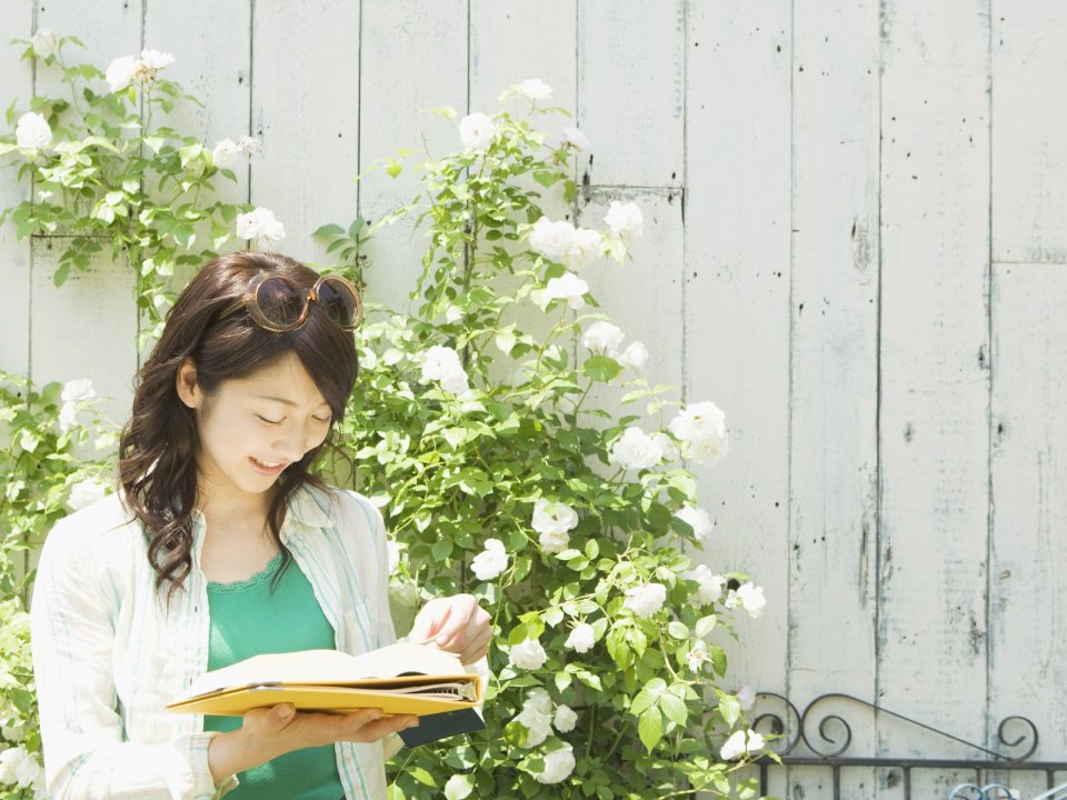 春日庭院少女户外阅读白蔷薇花墙写真