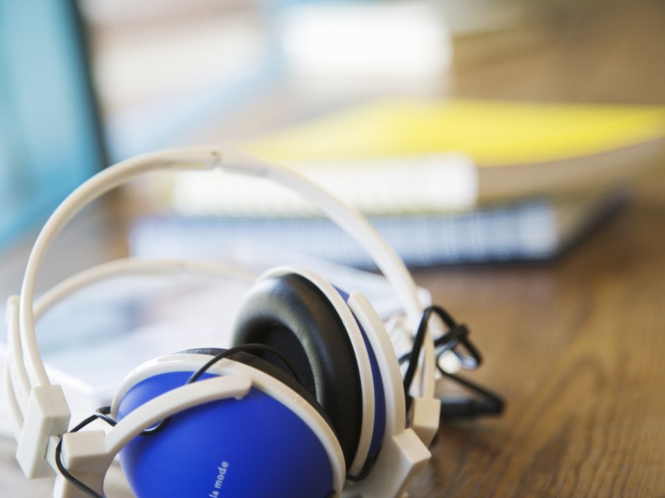 Blue White Over Ear Headphone Desk Still Life Photography