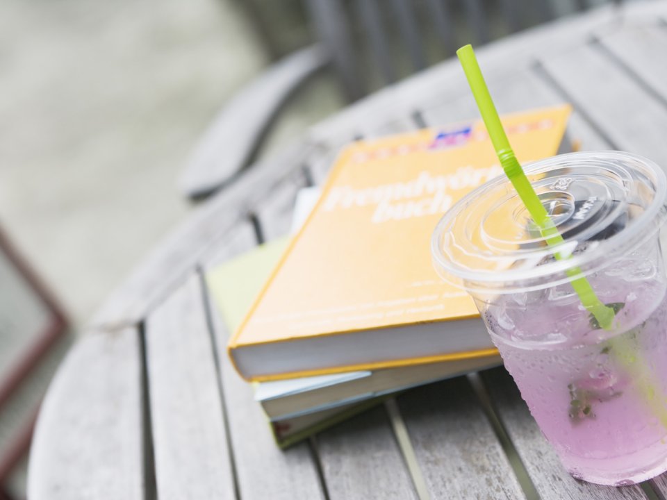 Summer Outdoor Relax Reading Iced Drink Books Table Closeup