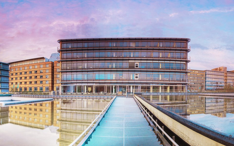 Germany Saarbrucken Modern Office Park Dusk Water View