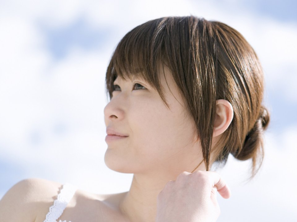 Fresh Japanese Short Haired Girl Portrait Under Blue Sky