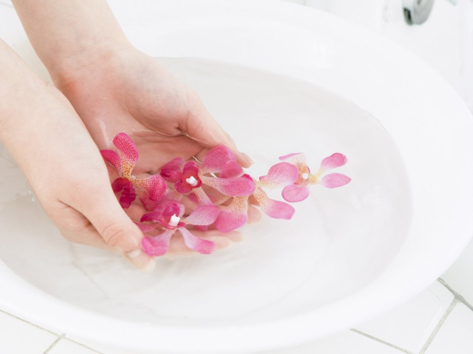 Hands Holding Pink Orchids Over White Washbasin Spa Relax Scene