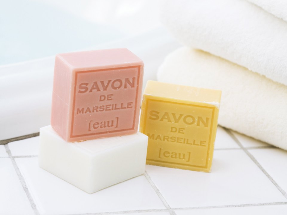 Three Color Marseille Soap Bathroom Still Life Close Up