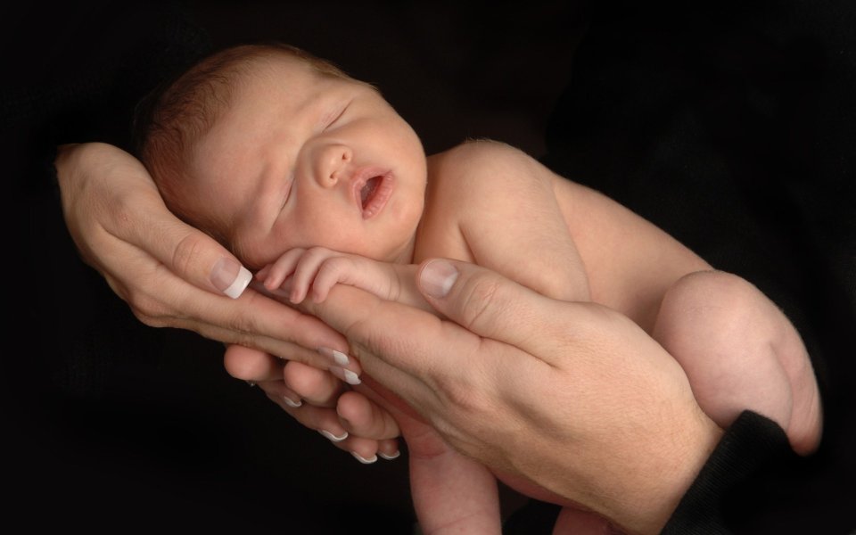 Two Hands Holding Sleeping Newborn Baby Photo