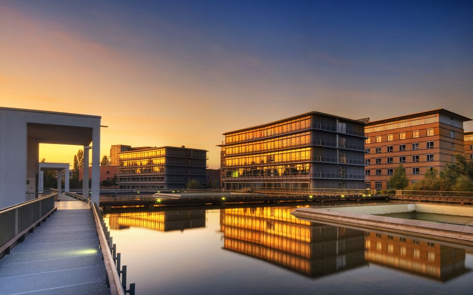 Germany Saarbrucken Autumn Sunset Waterfront Office Landscape