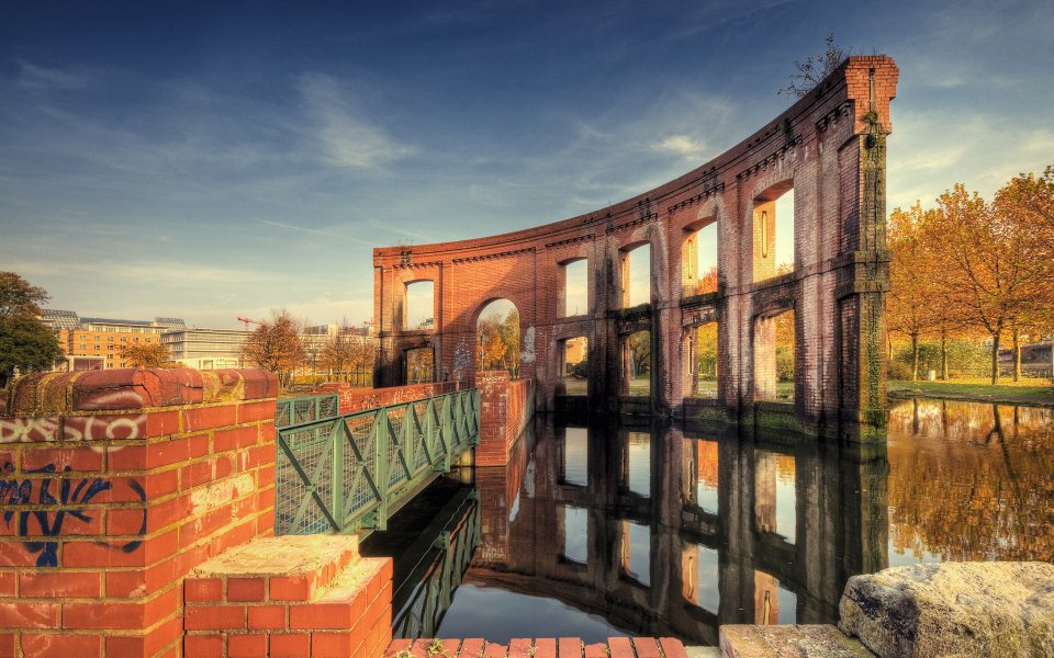 Red Brick Ruins Autumn Scenery In Saarbrucken Germany Urban Park