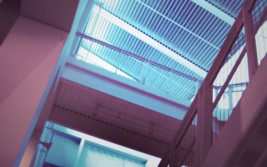 Pastel Purple Cyan Cyberpunk Modern Atrium Low Angle Shot