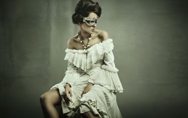 Elegant Vintage Woman With Masquerade Mask White Dress Portrait