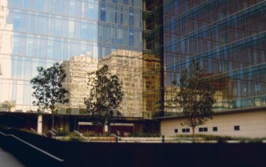 Film Style Modern Glass Office Building Sunny Street View