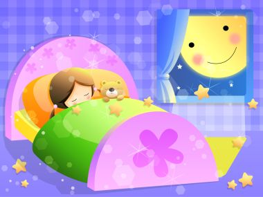 儿童节主题童趣插画 小女孩安睡卧室壁纸