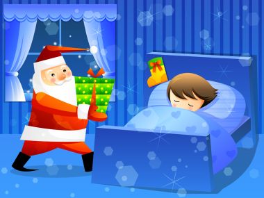 Santa Claus Delivering Gift To Sleeping Child Christmas Eve