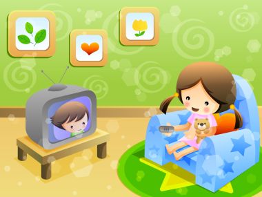Children Day Vector Illustration Little Girl Watching Tv At Home