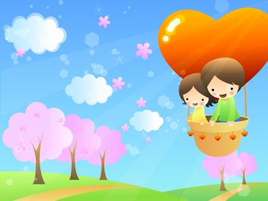 Children Day Cartoon Illustration Kids Flying With Heart Shaped Hot Air Balloon