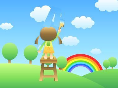 Children Day Little Girl Painting Rainbow Vector Wallpaper