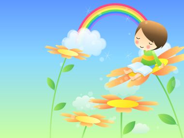 Children Day Cartoon Wallpaper Little Boy Reading On Daisy Under Rainbow