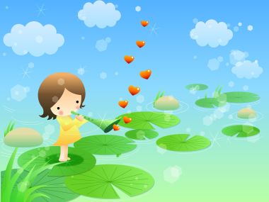 Children Day Cartoon Illustration Girl Blowing Horn On Lotus Leaf Wallpaper