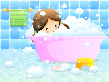 Cute Little Girl Bubble Bath Cartoon Vector Wallpaper