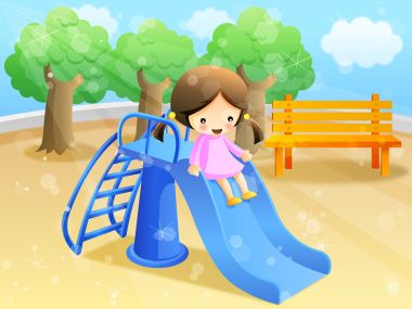 Children Day Cartoon Illustration Little Girl Play Slide At Playground