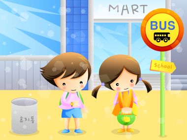 Pupils Waiting School Bus At Bus Stop Childrens Day Vector Wallpaper