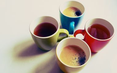 Colorful Mugs With Coffee And Tea Still Life Photography