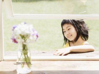 Smiling Little Asian Girl By Window Childrens Day Photography