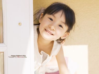Cute Asian Little Girl Smiling By Window Childrens Day Portrait