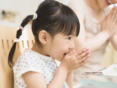 Cute Asian Little Girl Hands Together Childrens Day Home Photo