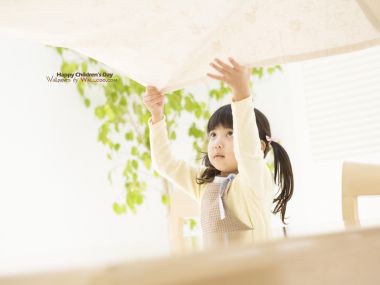 Cute Little Girl Holding Tablecloth Children Day Home Photo