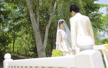 Bridal Couple Romantic Wedding Photo In Sunny Garden