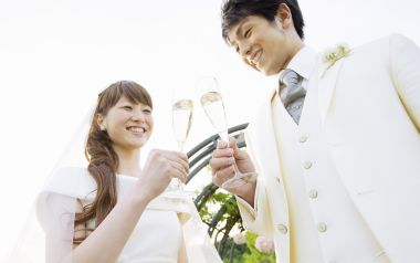 Outdoor Garden Newlyweds Champagne Toast Wedding Photo
