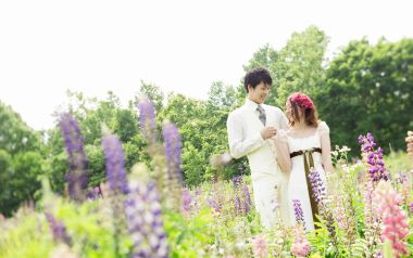 Spring Outdoor Lupine Field Newlyweds Wedding Photography