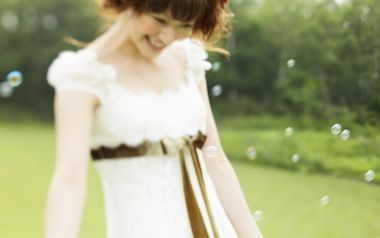 Summer Outdoor Lawn White Dress Girl Playing Bubbles Portrait