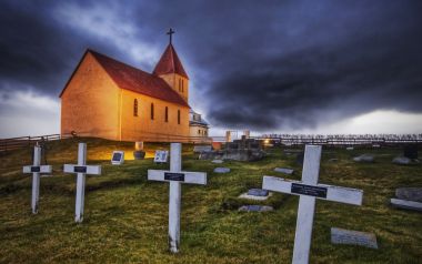 Iceland Hdr Landscape Rural Church Cemetery Under Dark Clouds
