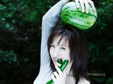 Kasumi Nakane Summer Outdoor Portrait With Watermelon And Cucumber