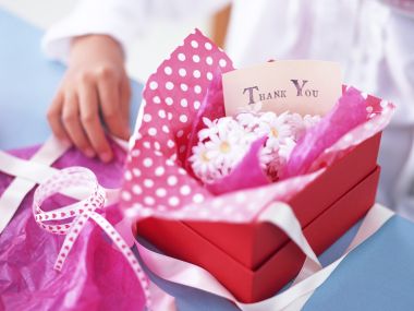 Thank You Flower Gift Box With Greeting Card Closeup