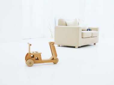 Minimalist White Kids Room Wooden Toy Car Beige Sofa