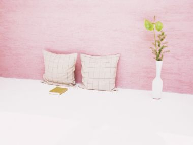 Minimalist Home Corner With Pink Wall Grid Cushions