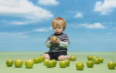 Cute Blond Toddler Playing With Green Apples Children Photography
