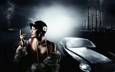 20年代复古摩登女郎与豪华轿车工业背景创意合成壁纸