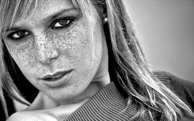 Black And White Portrait Of Freckled Blonde Woman Closeup