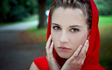 Red Headscarf Elegant Woman Portrait In Outdoor Park