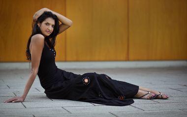 South Asian Woman In Black Embroidered Dress Outdoor Portrait
