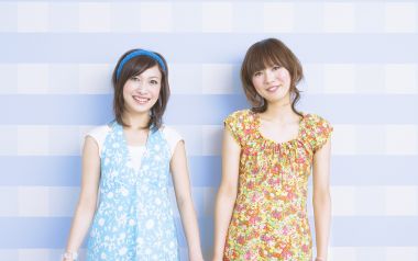 Two Sweet Japanese Girls In Floral Dresses Blue White Stripe Wall