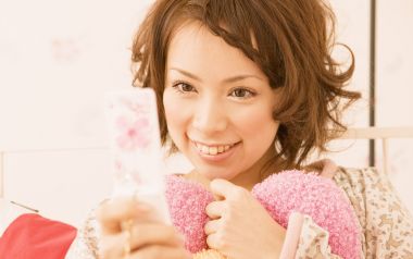 Cute Japanese Girl Selfie At Home With Sakura Phone
